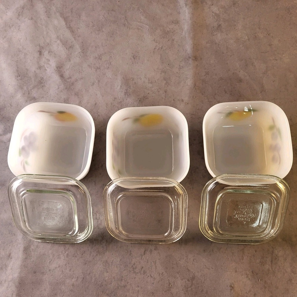 6pc Oven Fire King Ware Refrigerator Dishes 4x4" 3 Square Dishes & 3 Lids Fruit